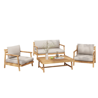 Amonier Outdoor Acacia Wood Chat Set,Loveseat & Coffee Table & 2 Club Chairs