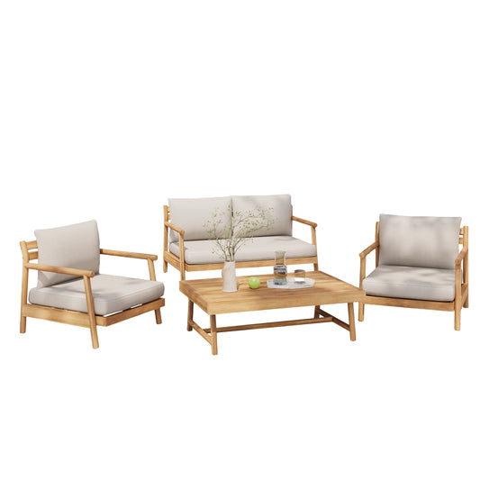 Amonier Outdoor Acacia Wood Chat Set,Loveseat & Coffee Table & 2 Club Chairs