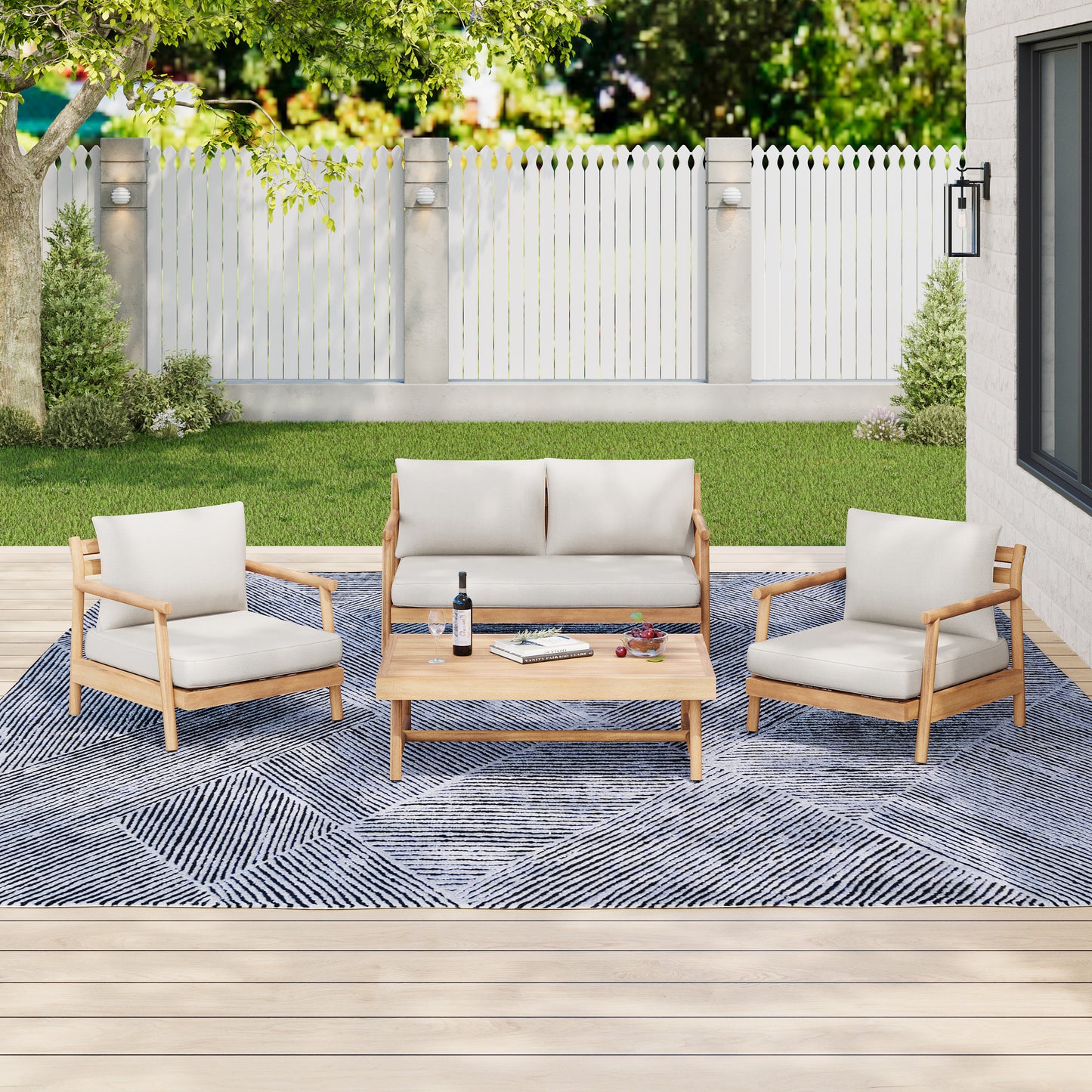 Amonier Outdoor Acacia Wood Chat Set,Loveseat & Coffee Table & 2 Club Chairs