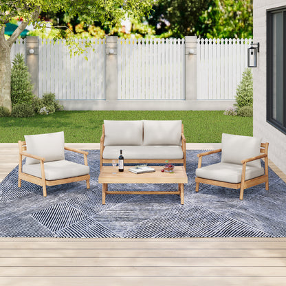 Amonier Outdoor Acacia Wood Chat Set,Loveseat & Coffee Table & 2 Club Chairs