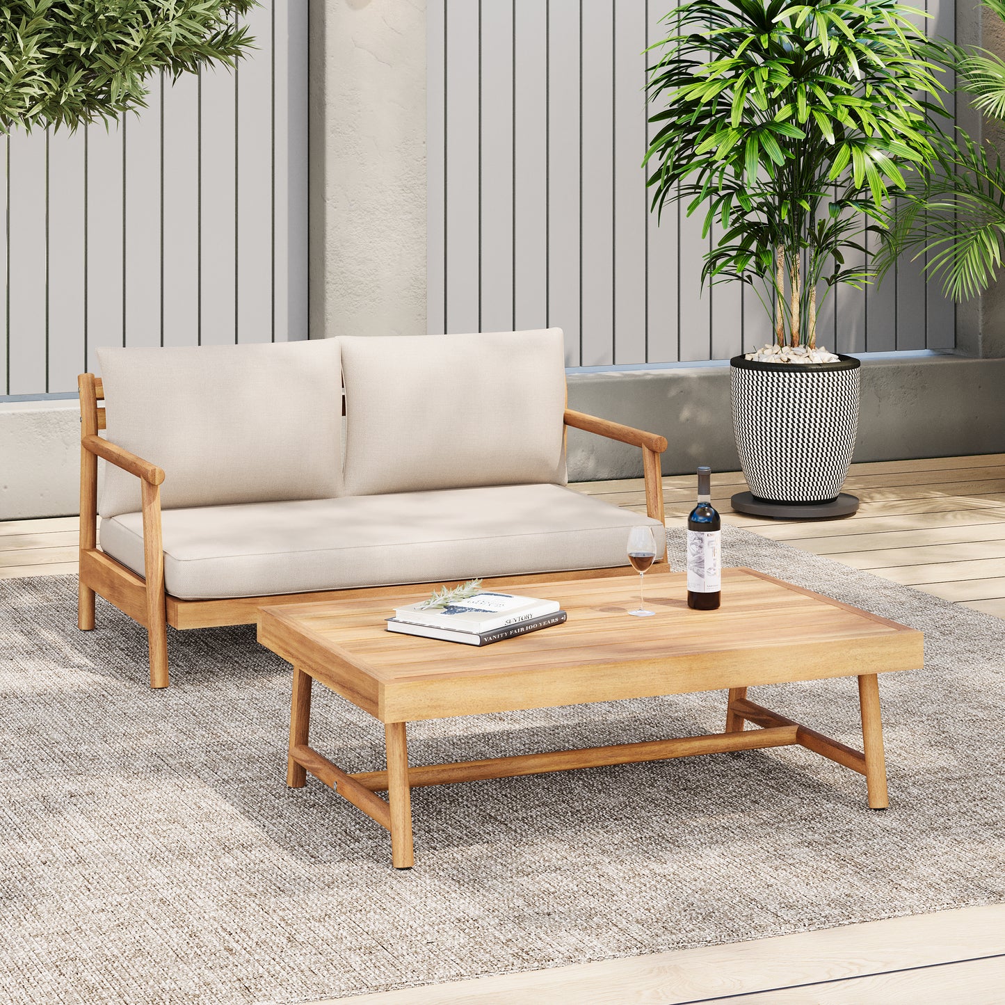 Amonier Outdoor Acacia Wood Loveseat & Coffee Table Set