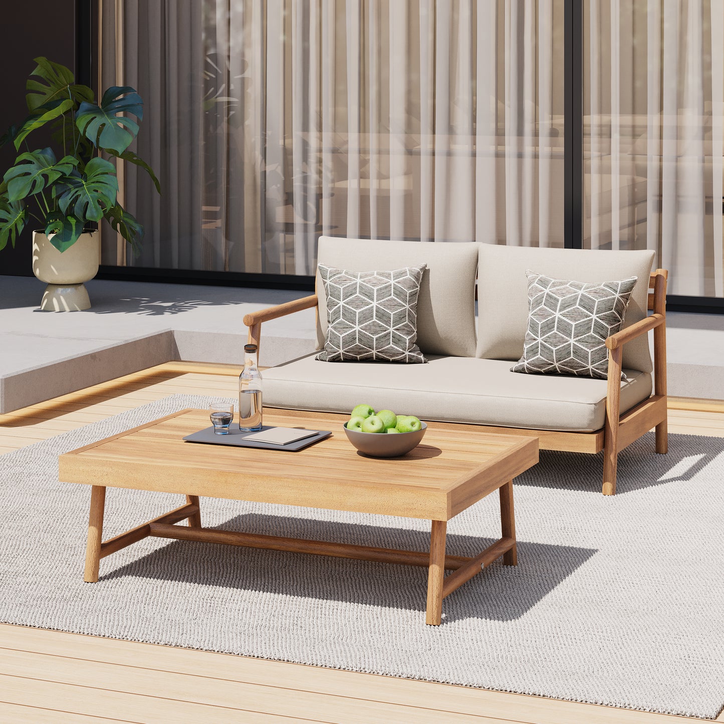 Amonier Outdoor Acacia Wood Loveseat & Coffee Table Set