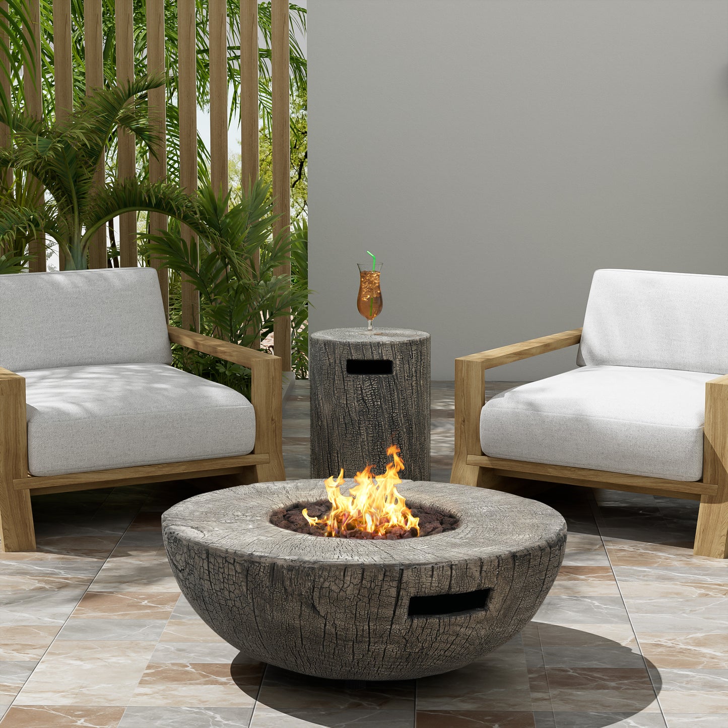 Morvyn Outdoor Fire Pit & Side Table Set ,Light Grey