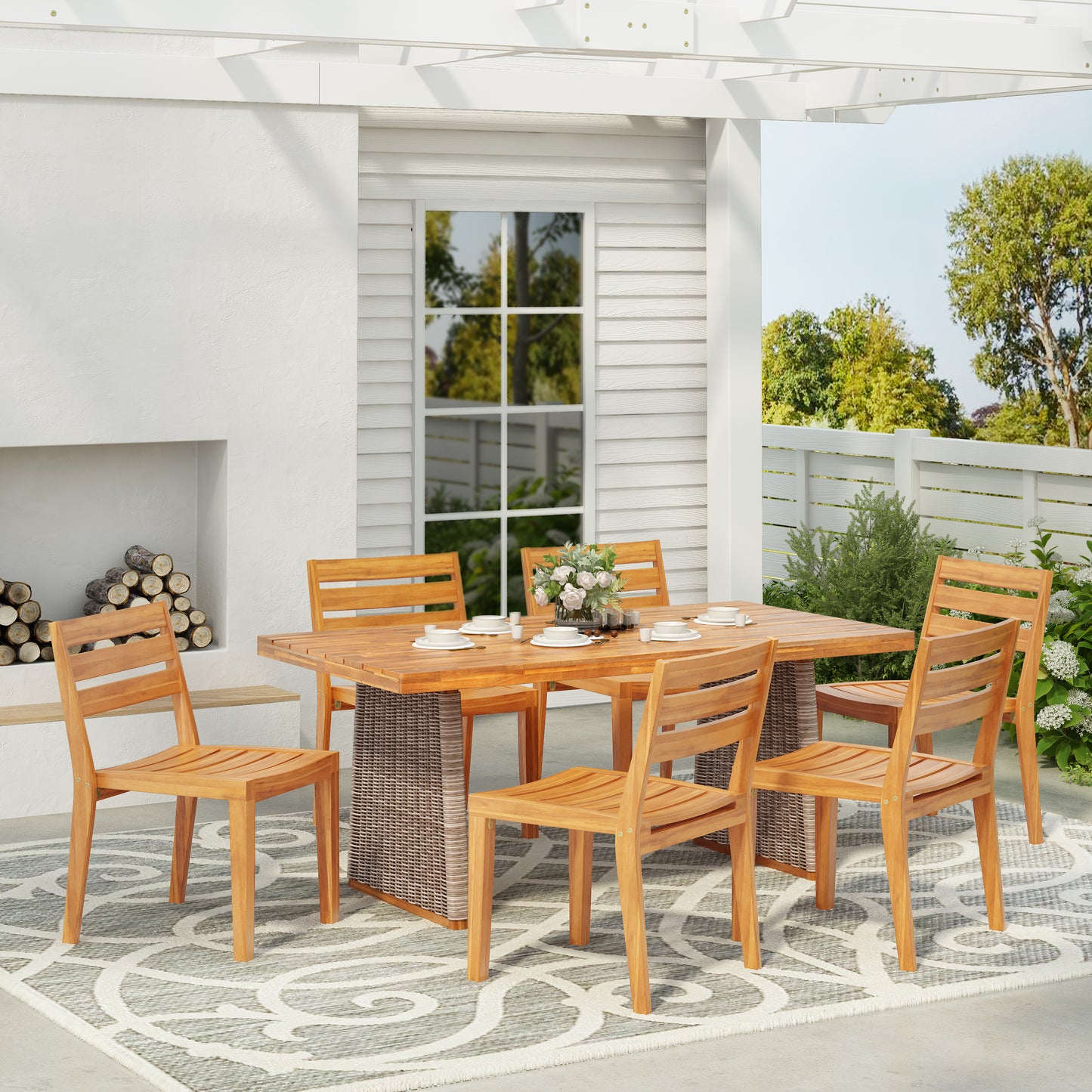 Gwynnetha 7-Piece Outdoor Acacia Dining Set, Including 6 Solid Wood Dining Chairs and 1 Dining Table