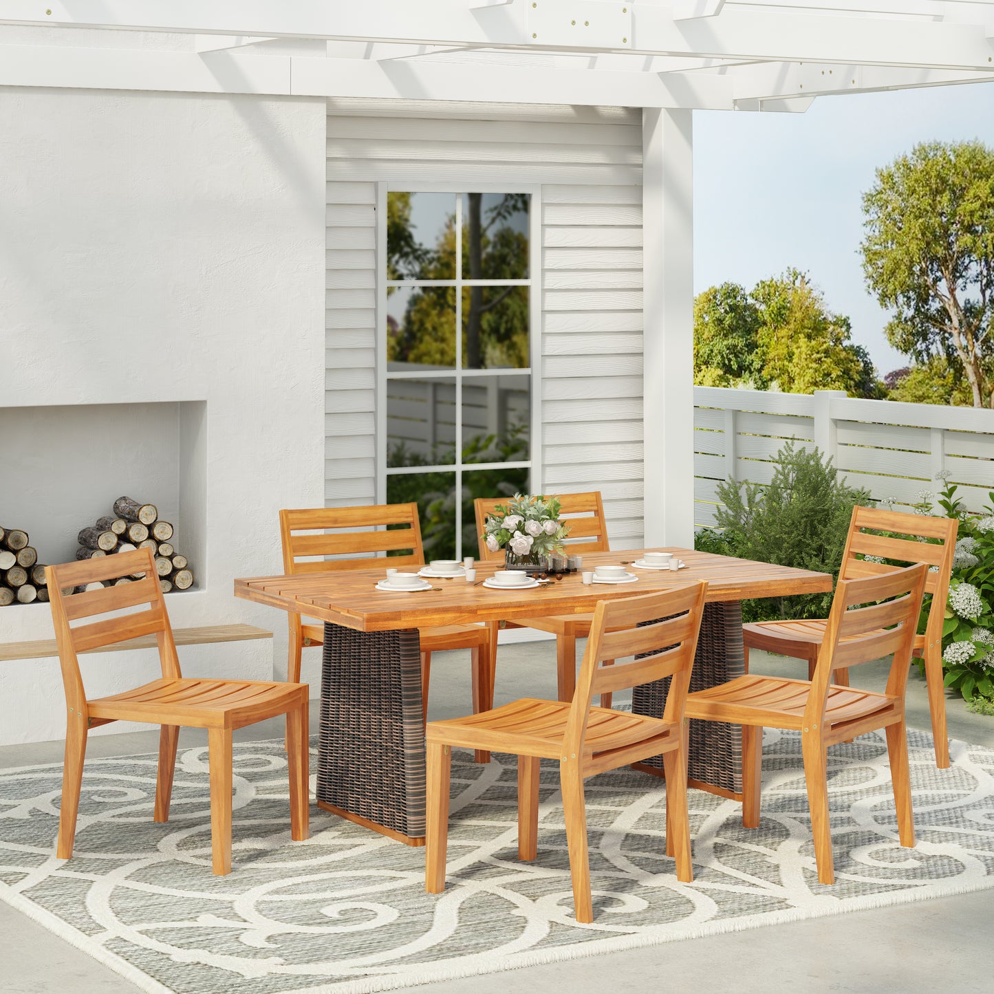 Gwynnetha 7-Piece Outdoor Acacia Dining Set, Including 6 Solid Wood Dining Chairs and 1 Dining Table