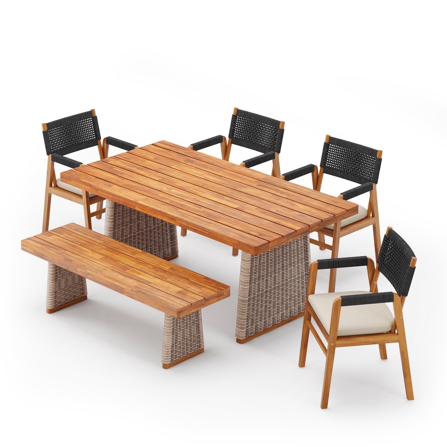 Alista Outdoor 6 Pieces Acacia Wood Dining Set,Include 4 Armchair with Cushion,1 Bench and 1 Table