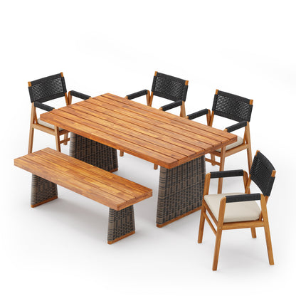 Alista Outdoor 6 Pieces Acacia Wood Dining Set,Include 4 Armchair with Cushion,1 Bench and 1 Table