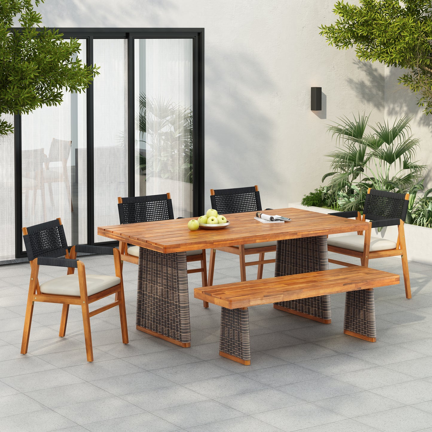 Alista Outdoor 6 Pieces Acacia Wood Dining Set,Include 4 Armchair with Cushion,1 Bench and 1 Table