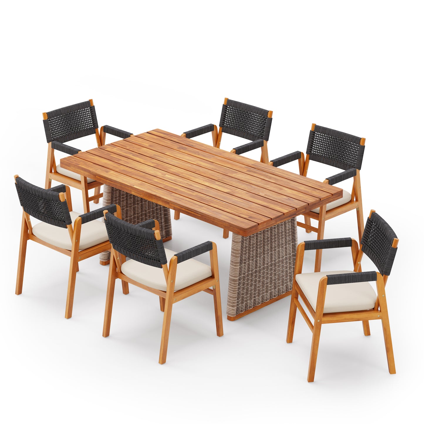 Alista Outdoor 7 Pieces Acacia Wood Dining Set,Include 6 Armchair with Cushion and 1 Dining Table