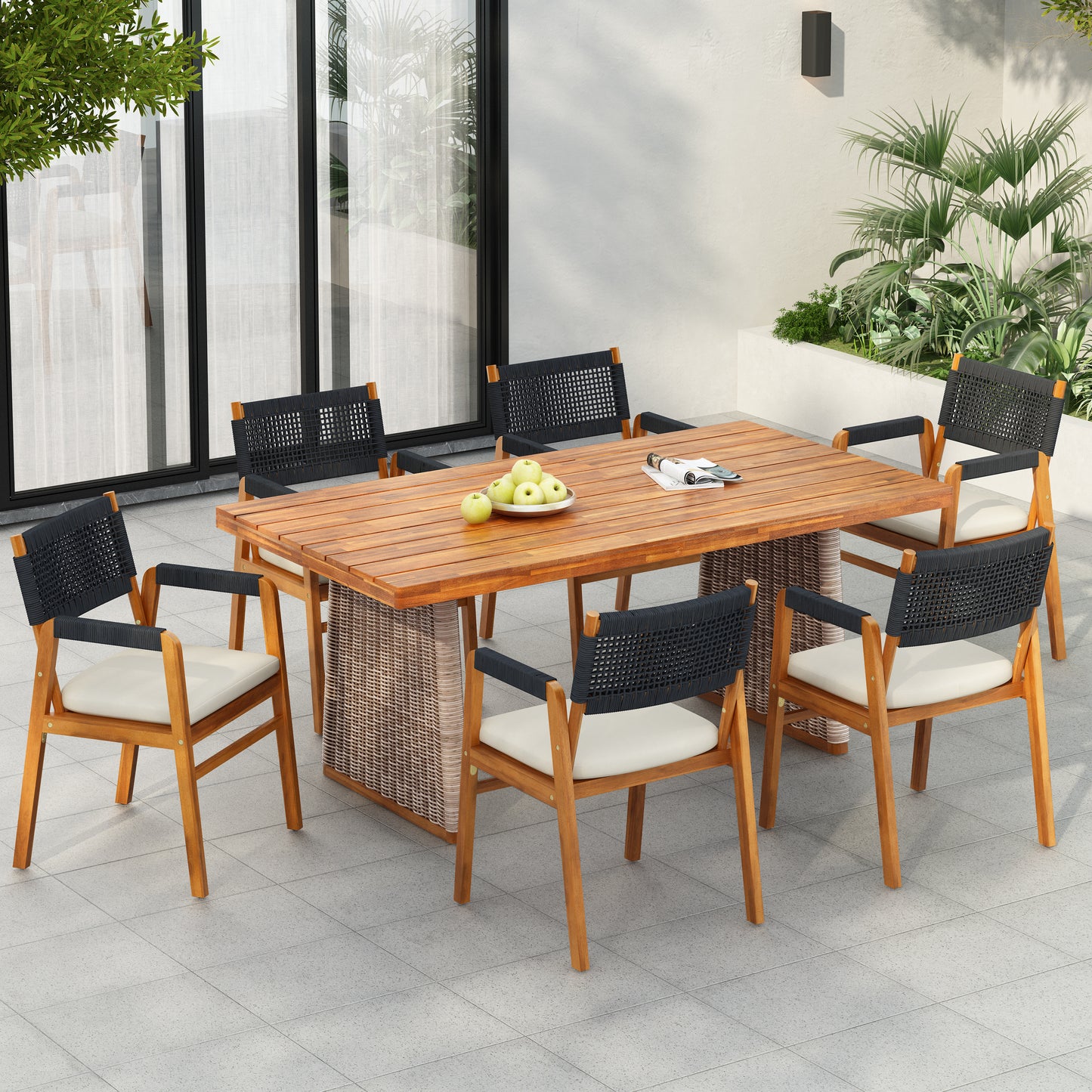 Alista Outdoor 7 Pieces Acacia Wood Dining Set,Include 6 Armchair with Cushion and 1 Dining Table