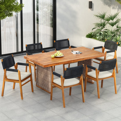 Alista Outdoor 7 Pieces Acacia Wood Dining Set,Include 6 Armchair with Cushion and 1 Dining Table