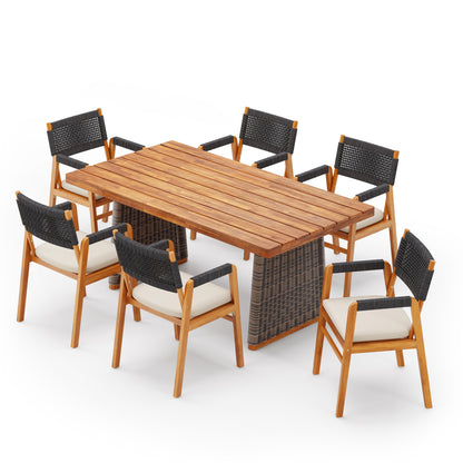 Alista Outdoor 7 Pieces Acacia Wood Dining Set,Include 6 Armchair with Cushion and 1 Dining Table