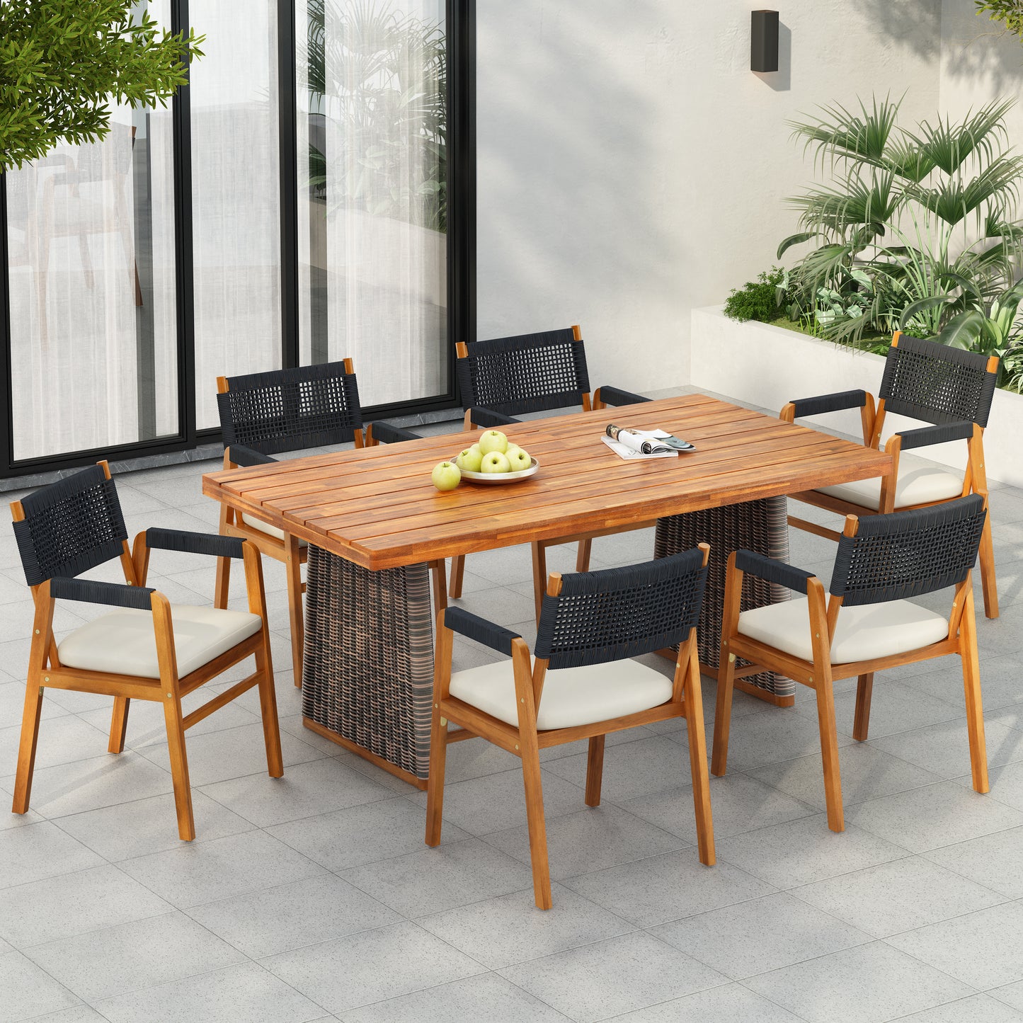 Alista Outdoor 7 Pieces Acacia Wood Dining Set,Include 6 Armchair with Cushion and 1 Dining Table