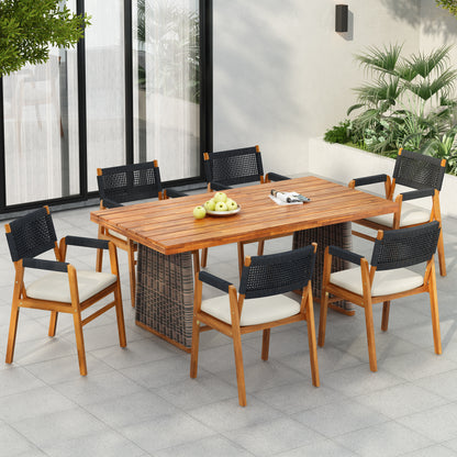 Alista Outdoor 7 Pieces Acacia Wood Dining Set,Include 6 Armchair with Cushion and 1 Dining Table