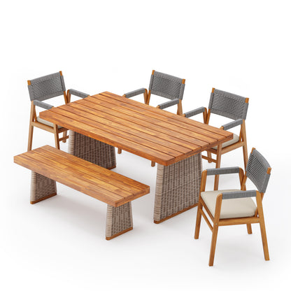 Alista Outdoor 6 Pieces Acacia Wood Dining Set,Include 4 Armchair with Cushion,1 Bench and 1 Table
