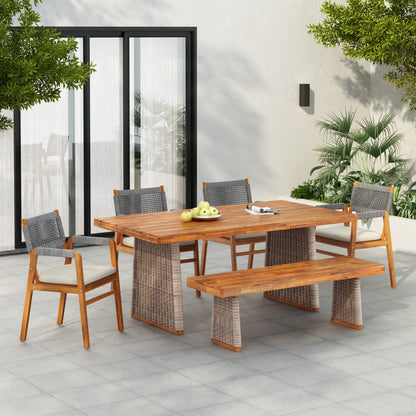 Alista Outdoor 6 Pieces Acacia Wood Dining Set,Include 4 Armchair with Cushion,1 Bench and 1 Table