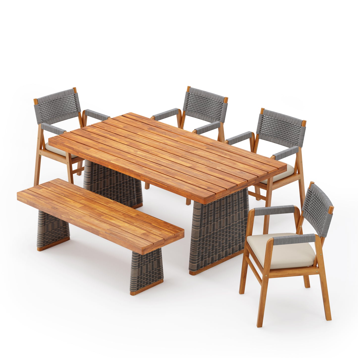 Alista Outdoor 6 Pieces Acacia Wood Dining Set,Include 4 Armchair with Cushion,1 Bench and 1 Table