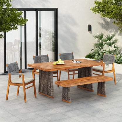 Alista Outdoor 6 Pieces Acacia Wood Dining Set,Include 4 Armchair with Cushion,1 Bench and 1 Table