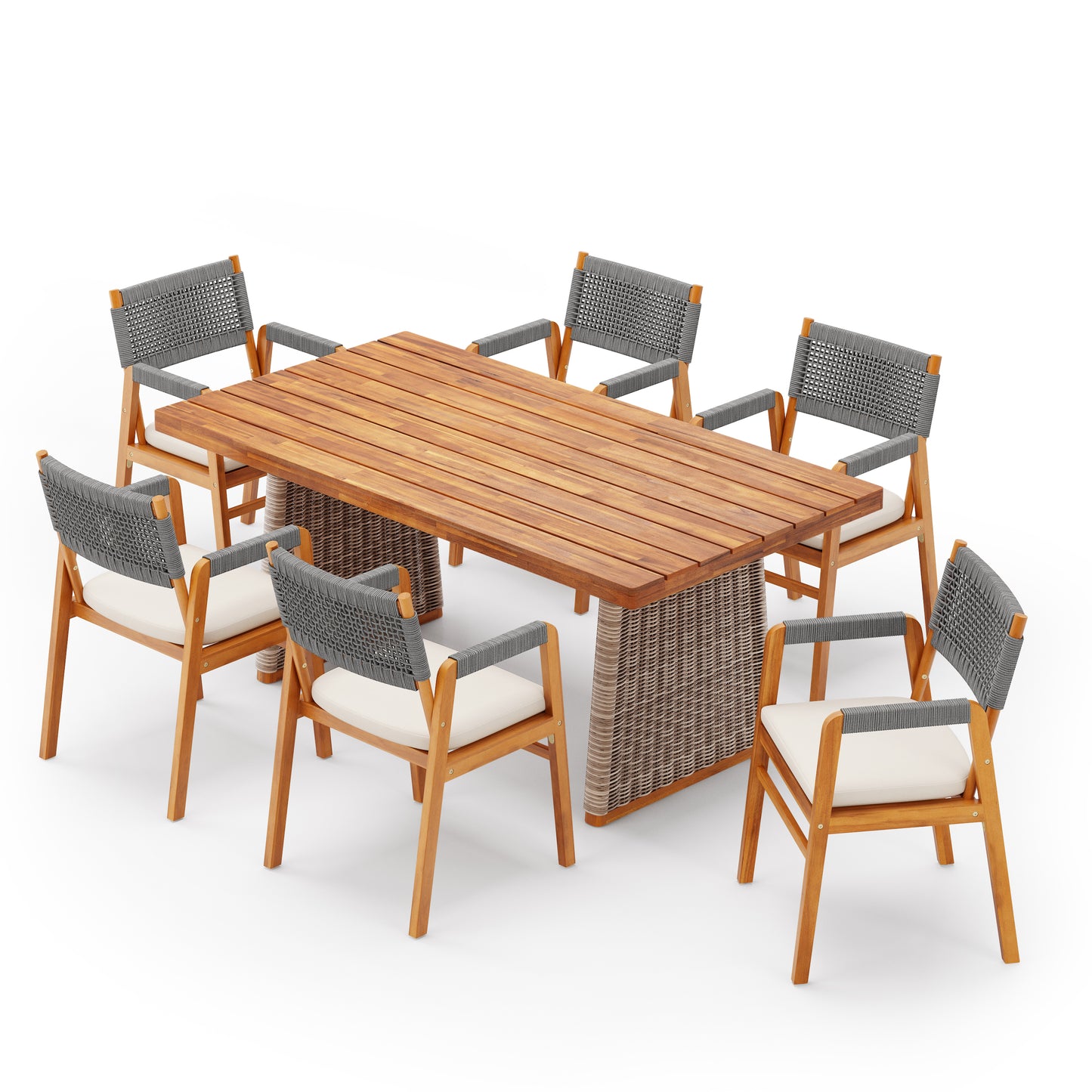 Alista Outdoor 7 Pieces Acacia Wood Dining Set,Include 6 Armchair with Cushion and 1 Dining Table