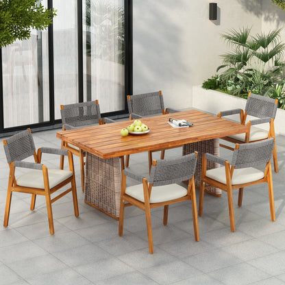 Alista Outdoor 7 Pieces Acacia Wood Dining Set,Include 6 Armchair with Cushion and 1 Dining Table