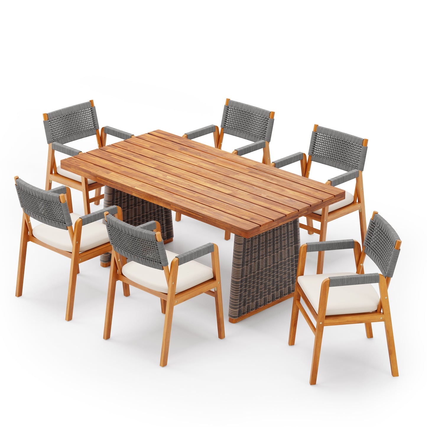 Alista Outdoor 7 Pieces Acacia Wood Dining Set,Include 6 Armchair with Cushion and 1 Dining Table