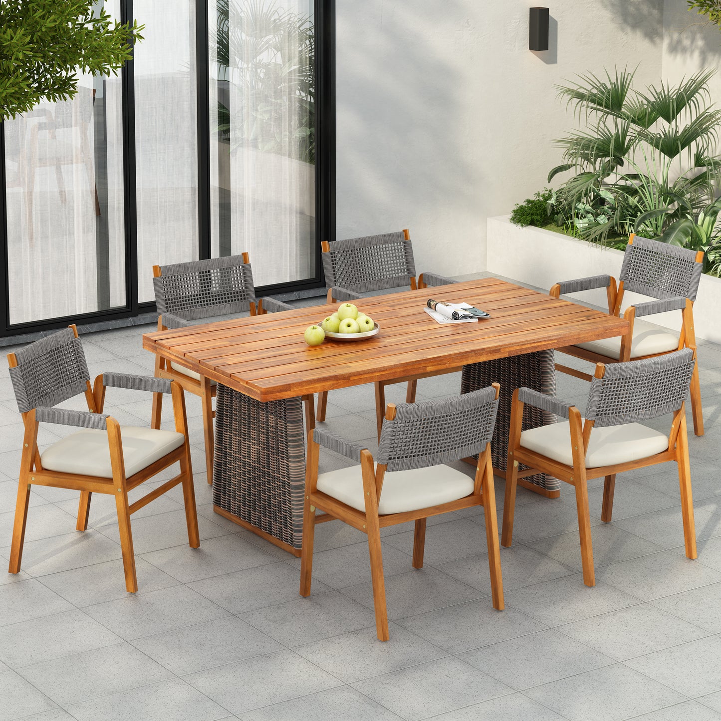 Alista Outdoor 7 Pieces Acacia Wood Dining Set,Include 6 Armchair with Cushion and 1 Dining Table