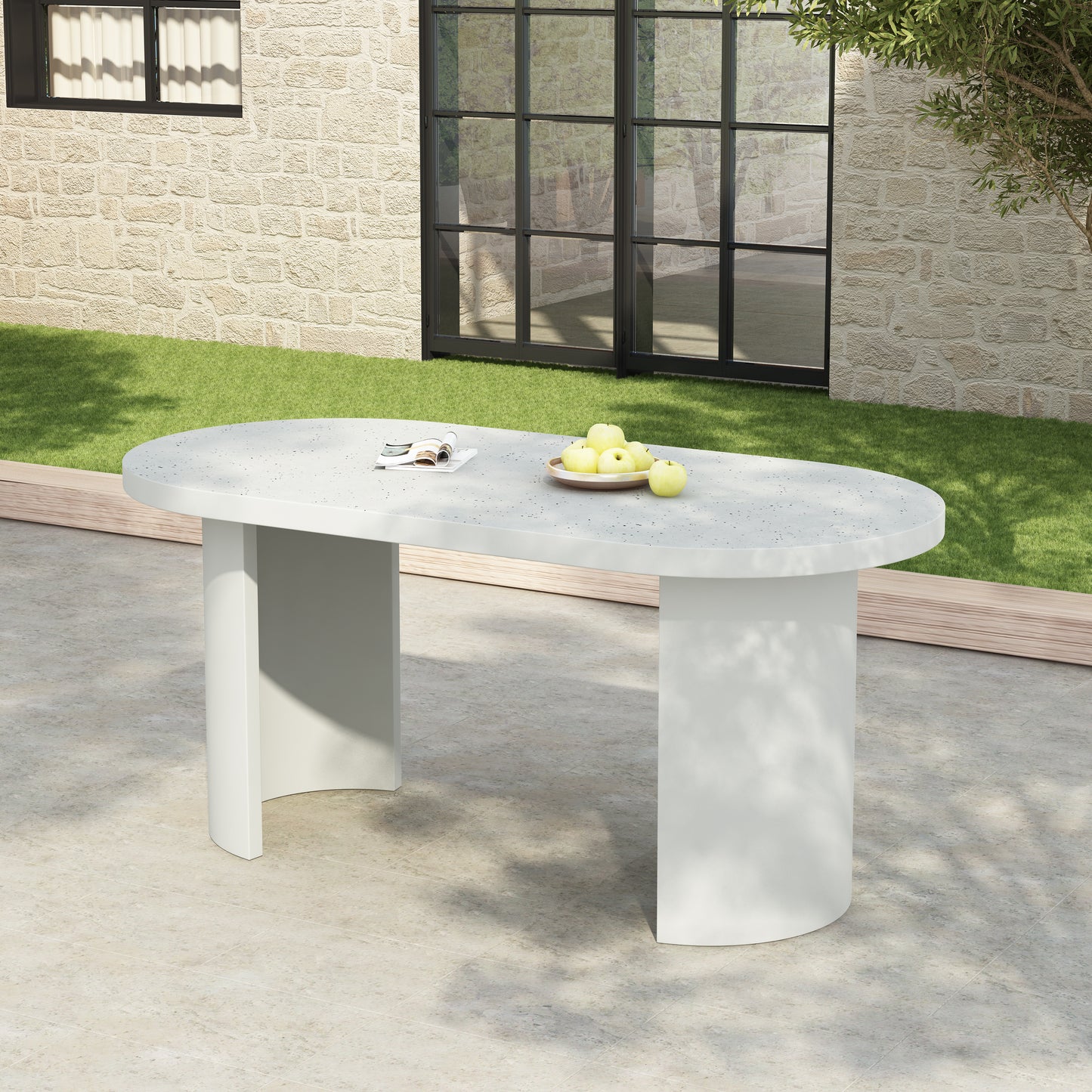 Ottilie Oval 67.5" Mondern Outdoor Concrete Dining Table,Terrazzo White
