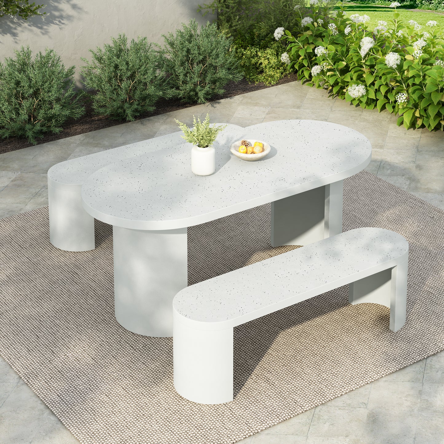 Clementine Terrazzo Dining Set — 3-Piece Outdoor Table with 2 Bench
