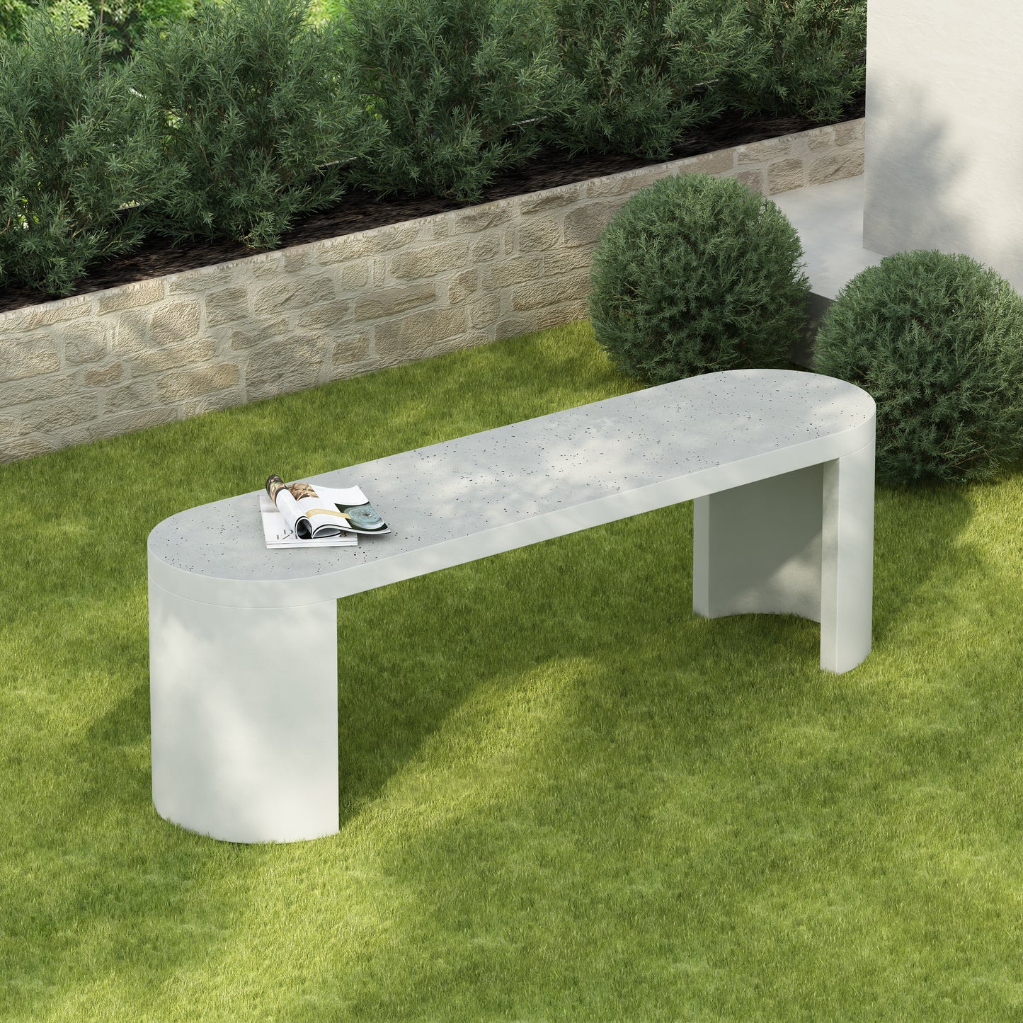 Ellis Oval 60" Modern Outdoor Concrete Dining Bench,Terrazzo White
