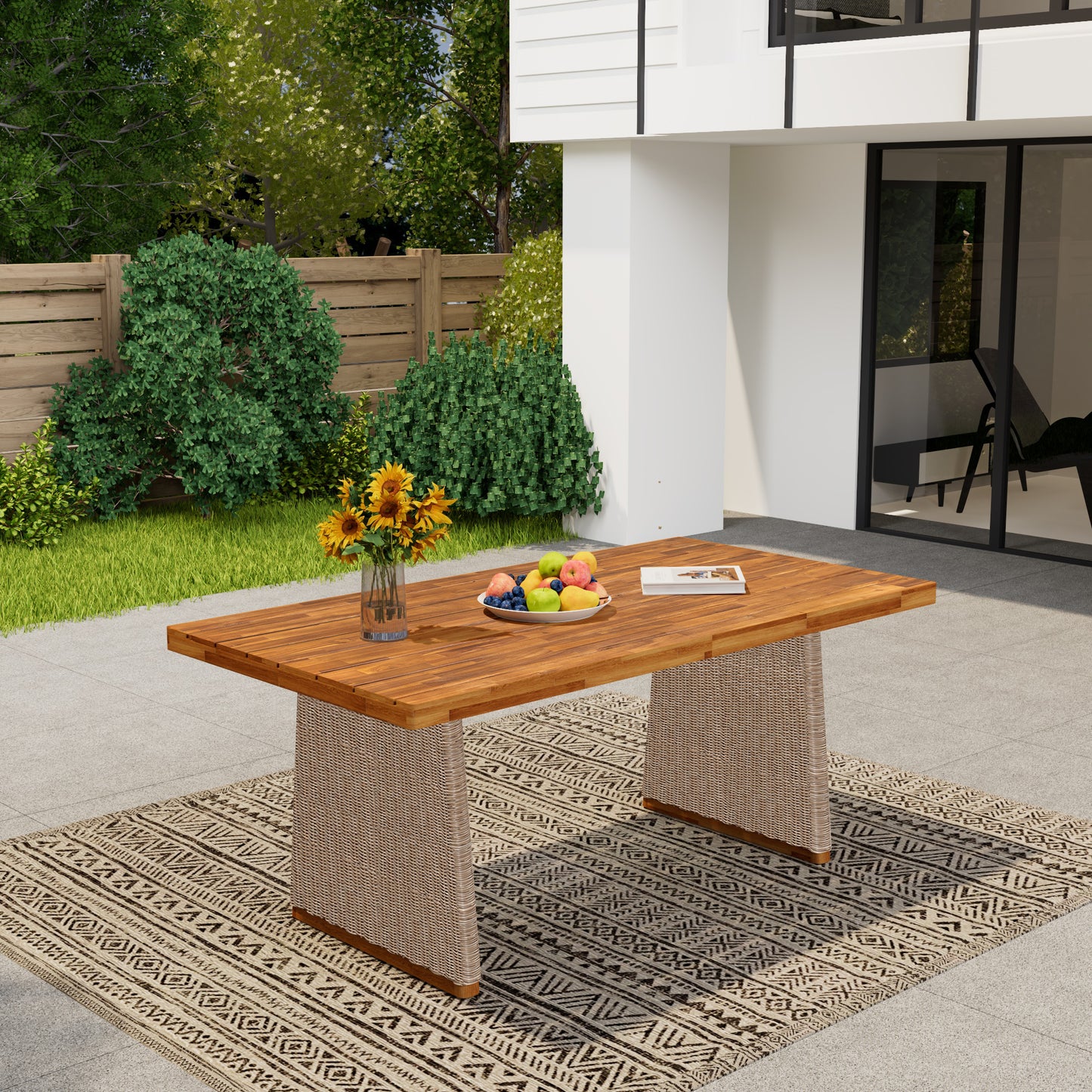 Vireor Outdoor Acacia Wood Dining Table,Slatted Tabletop and Handwoven Rattan Legs