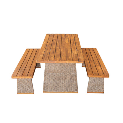 Vireor  3-piece Outdoor Acacia Wood Dining Table Set with 1 Table and 2 Benches