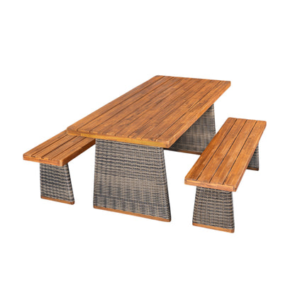 Vireor  3-piece Outdoor Acacia Wood Dining Table Set with 1 Table and 2 Benches