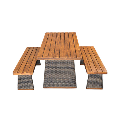 Vireor  3-piece Outdoor Acacia Wood Dining Table Set with 1 Table and 2 Benches