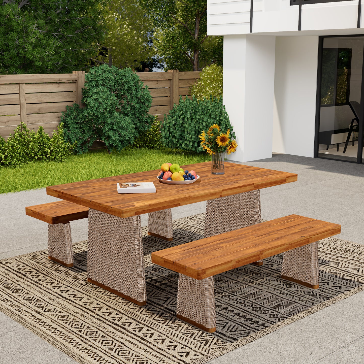 Vireor  3-piece Outdoor Acacia Wood Dining Table Set with 1 Table and 2 Benches