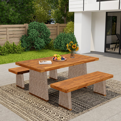Vireor  3-piece Outdoor Acacia Wood Dining Table Set with 1 Table and 2 Benches