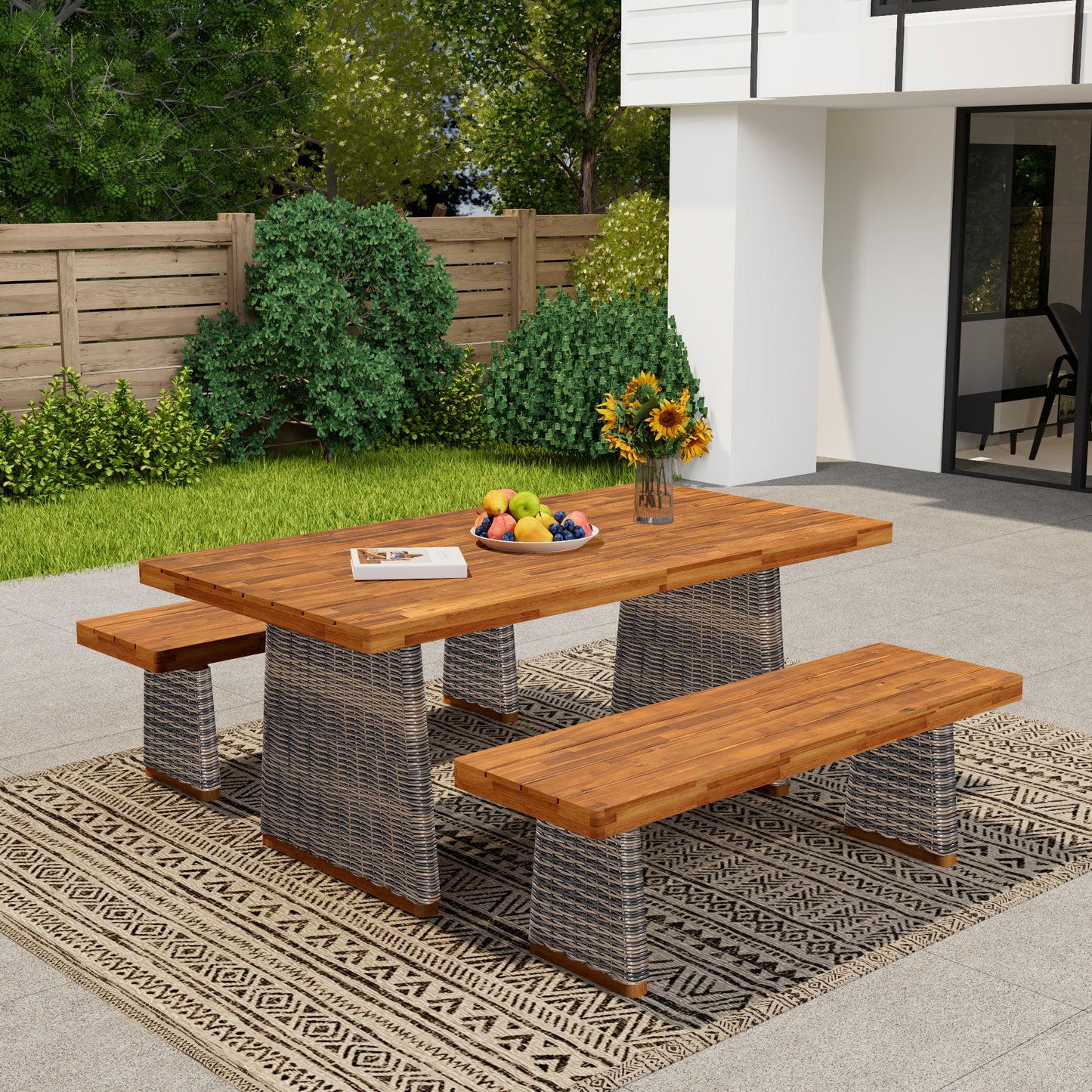 Vireor  3-piece Outdoor Acacia Wood Dining Table Set with 1 Table and 2 Benches