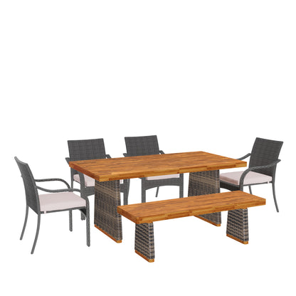 Eulaliy Outdoor 6 Pieces PE Rattan Chat Set,Include 4 Stacking Chair With Cushion,1 Wood Bench,1 Dining Table