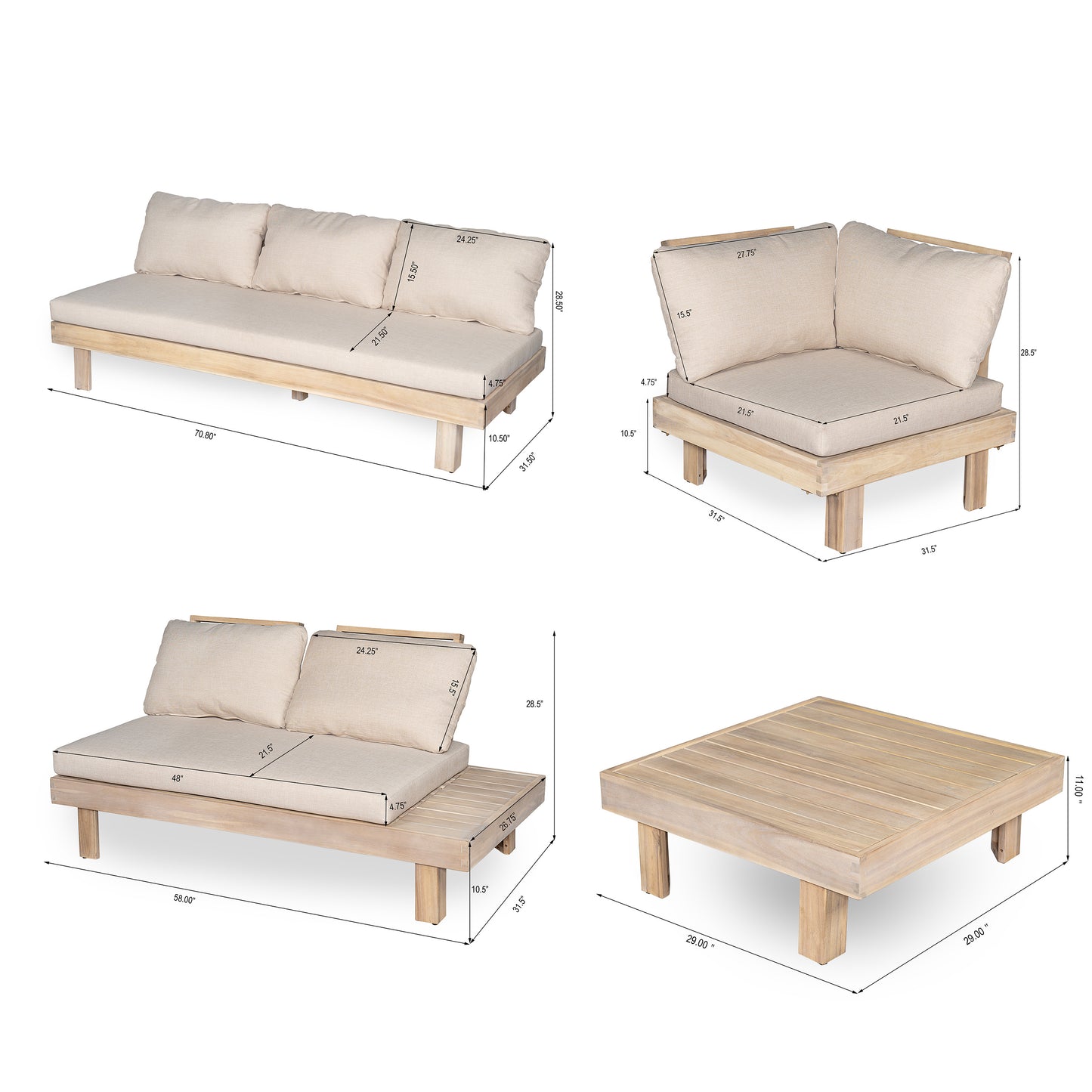 Topia Acacia wood Chat Set 5 pieces,include 3 Seater Sofa,Left and Right 2 seater sofa set,Corner Chair and Coffee Table