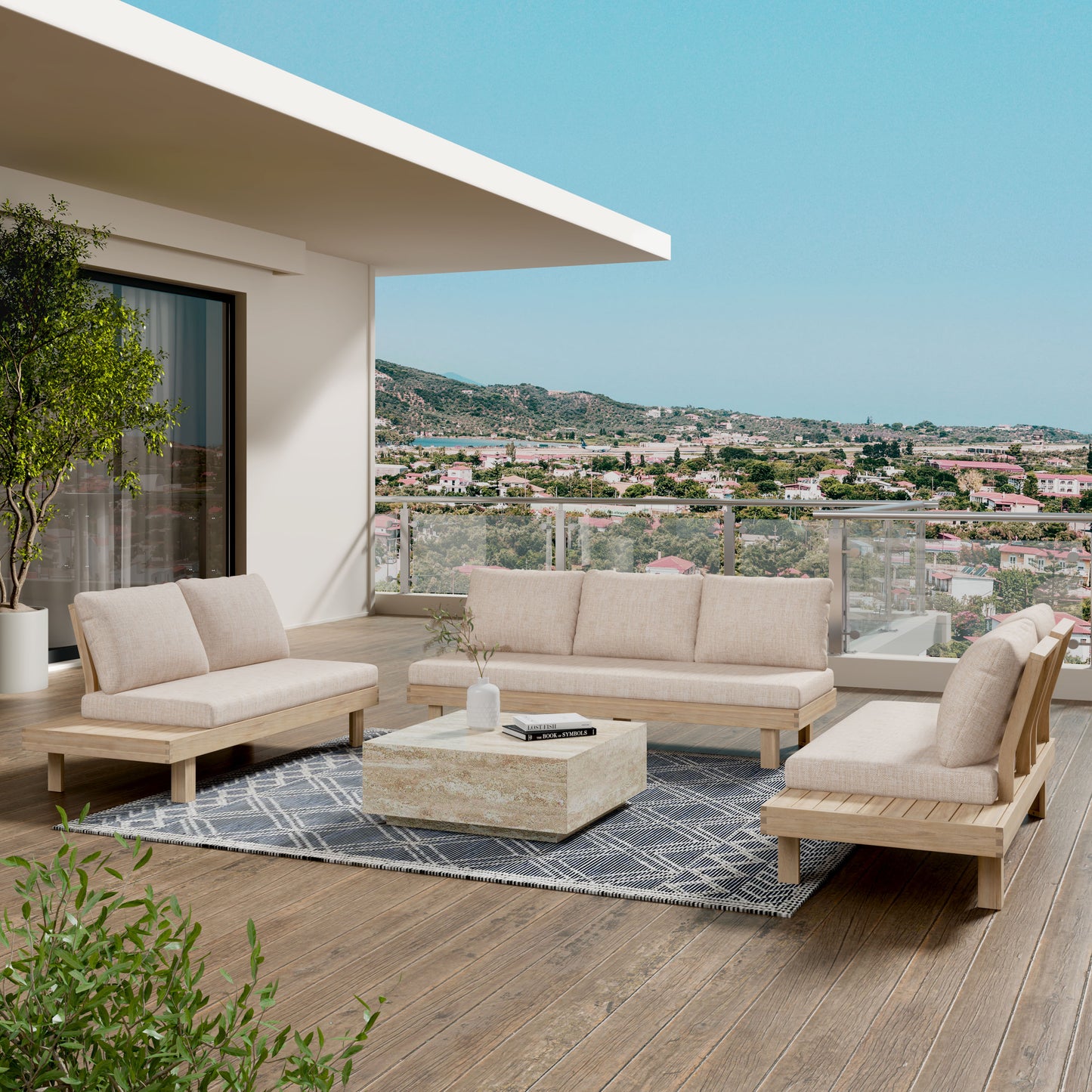 Topia Acacia wood Chat Set 5 pieces,include 3 Seater Sofa,Left and Right 2 seater sofa set,Corner Chair and Coffee Table