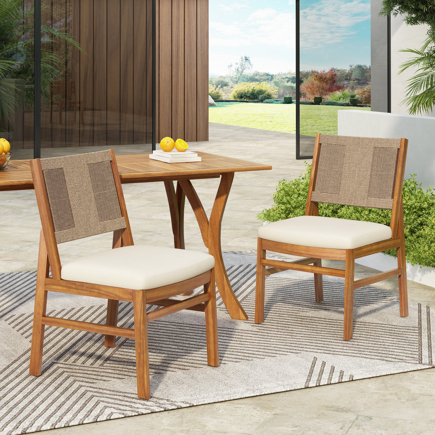 Araminta Outdoor Arly Wood and Wicker Woven Dining Chair with Cushions(Set of 2)