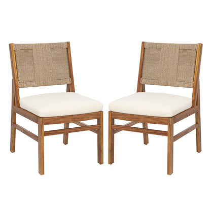 Araminta Outdoor Arly Wood and Wicker Woven Dining Chair with Cushions(Set of 2)