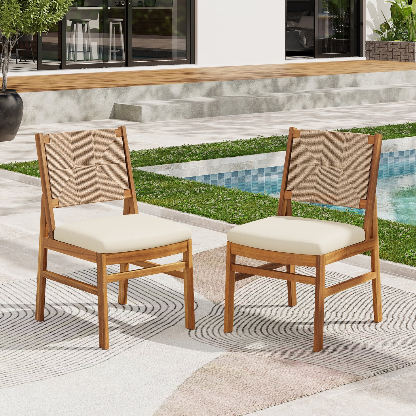 Alistaira Outdoor Arly Wood and Wicker Woven Dining Chair with Cushions(Set of 2)