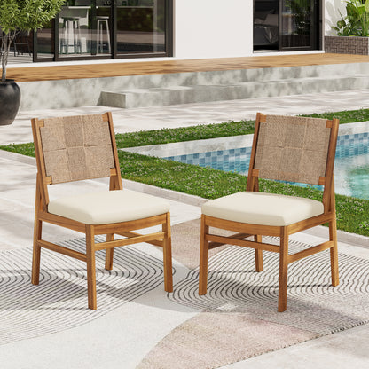 Alistaira Outdoor Arly Wood and Wicker Woven Dining Chair with Cushions(Set of 2)