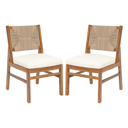Alistaira Outdoor Arly Wood and Wicker Woven Dining Chair with Cushions(Set of 2)