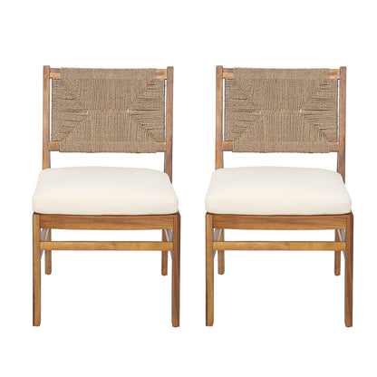 Alistaira Outdoor Arly Wood and Wicker Woven Dining Chair with Cushions(Set of 2)