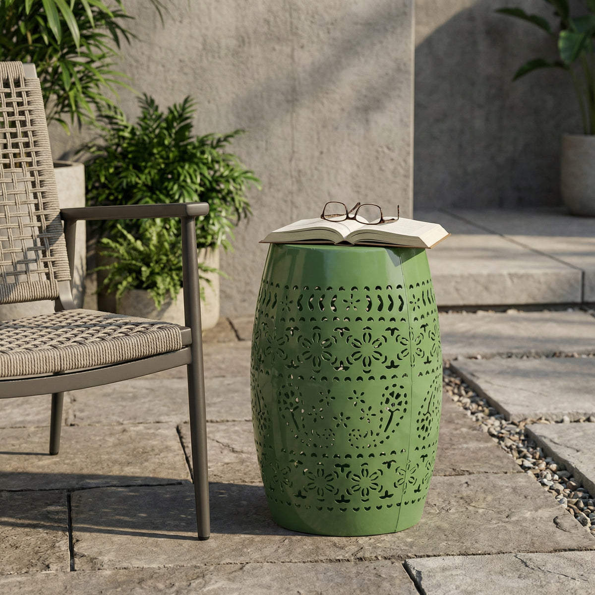 Verdant Zoey Small Outdoor Side Table, Lace Cut Iron End Table, Metal Outdoor Stool, Hollow Drum Round Side Table, Decorative Garden Stool with Cutout Design for Patio Balcony