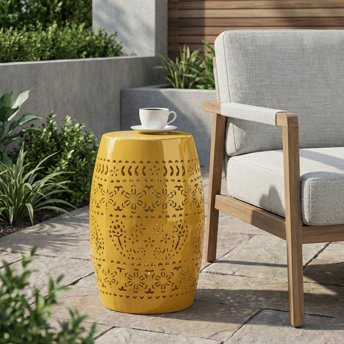 Verdant Zoey Small Outdoor Side Table, Lace Cut Iron End Table, Metal Outdoor Stool, Hollow Drum Round Side Table, Decorative Garden Stool with Cutout Design for Patio Balcony