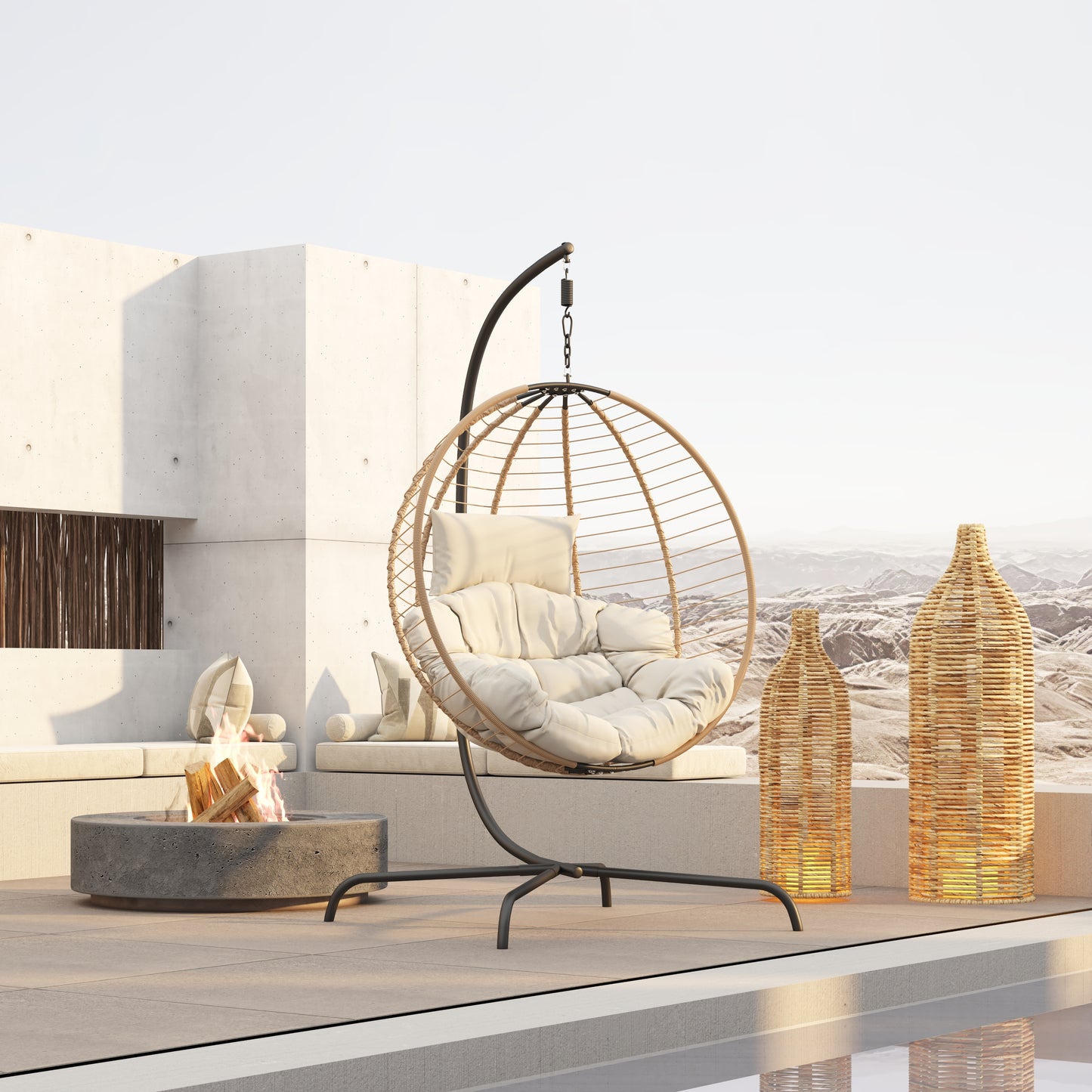 Luciane Outdoor Patio Hanging Basket Chair with Stand, Beige + Brown