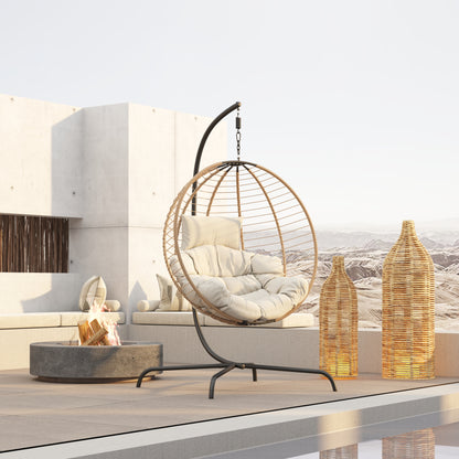 Luciane Outdoor Patio Hanging Basket Chair with Stand, Beige + Brown