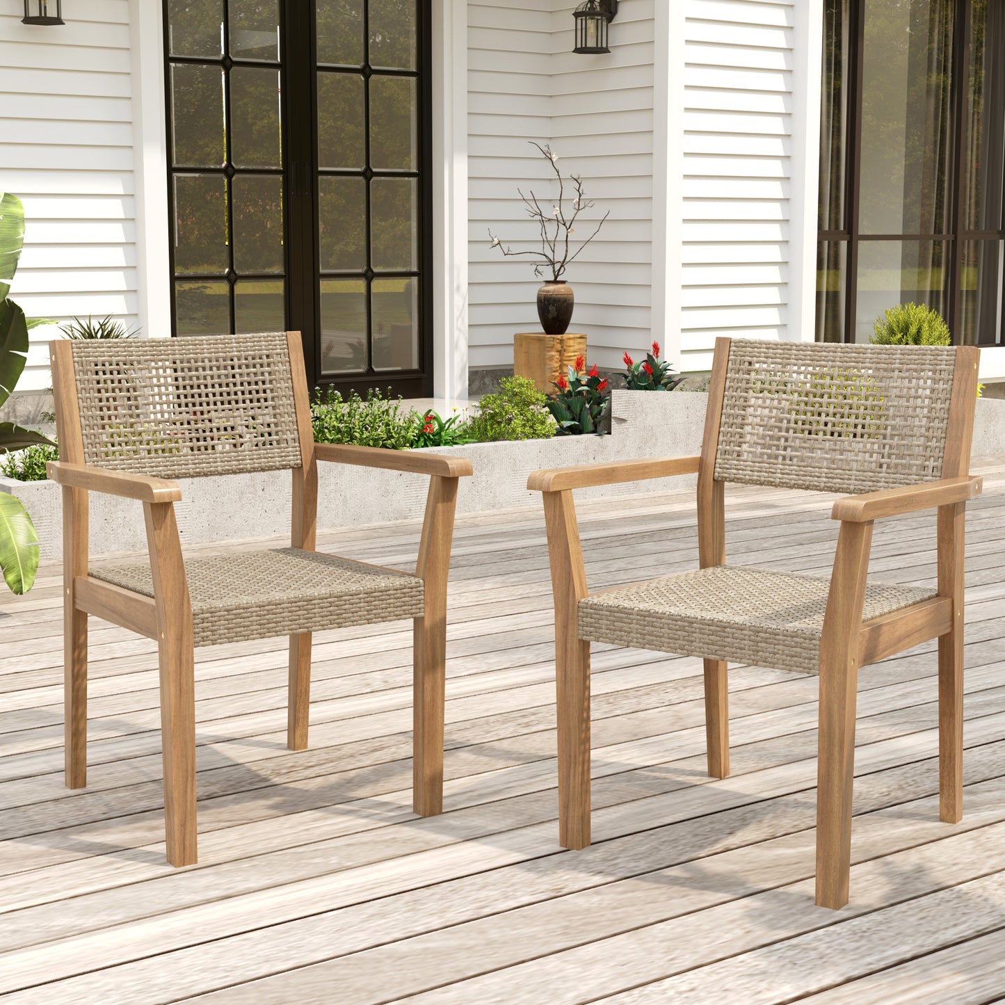 Summerlyn Patio Acacia Wood Dining Chairs, PE Wicker, Set of 2